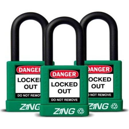 ZING ZING RecycLock Safety Padlock, Keyed Alike, 1-1/2" Shackle, 1-3/4" Body, Green, 3 Pack, 7066 7066